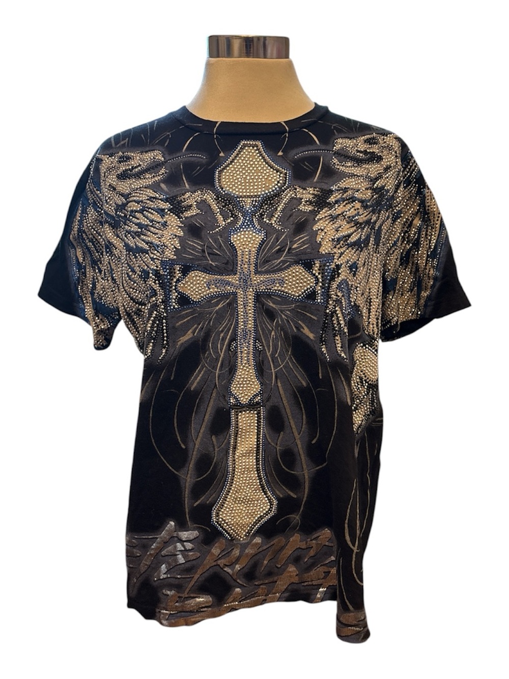 Vintage Y2K Xzavier Black & Silver Cross/Dragons Graphic T-Shirt Size Large